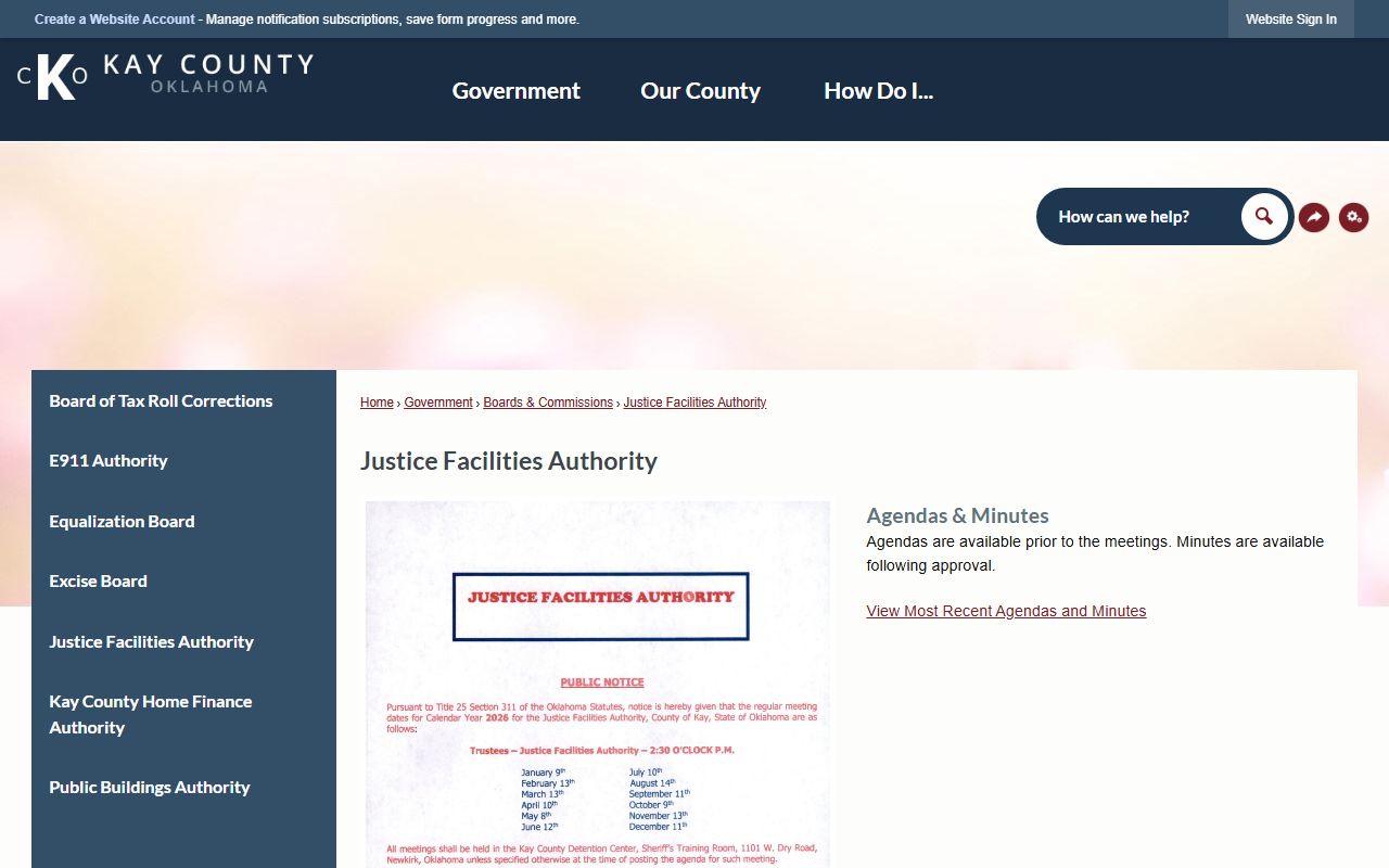 Kay County Detention Center population records through Justice Facilities Authority minutes