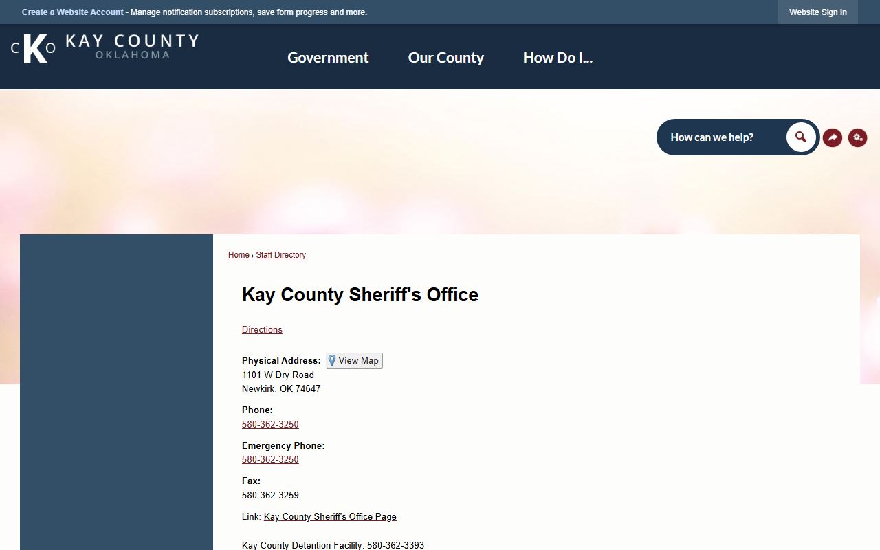 Kay County inmate lookup sheriff directory detention number